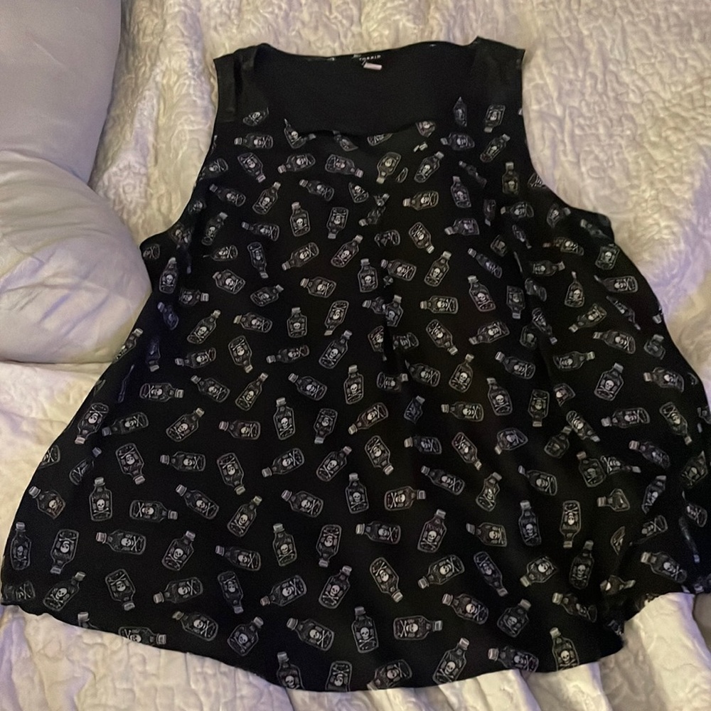 Black tank sheer/poison skull bottles,button down, pleather shoulder straps